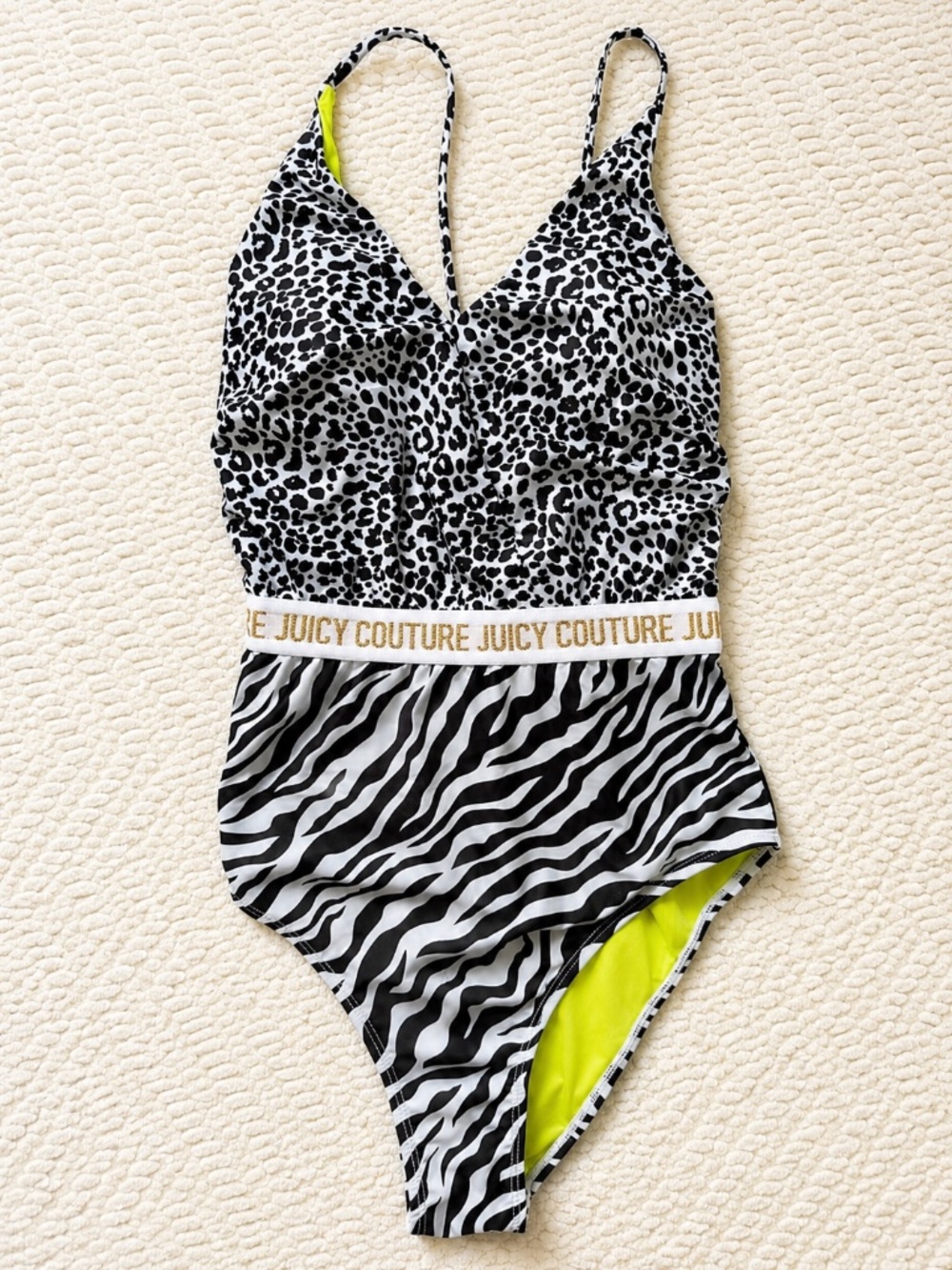Juicy Couture Mixed Animal Print One Piece Swimsuit Neon Yellow Lining